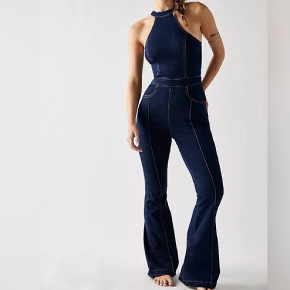 We The Free Pants - We The Free 4 Dark Wash Denim Boho Retro Halter Flared CRVY Sydney Jumpsuit NWOT